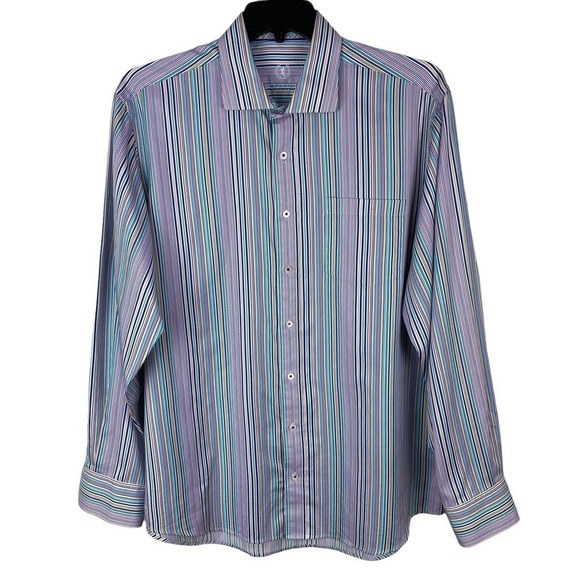 Men’s Bugatchi Uomo Flip Cuff Classic Fit Button Shirt Long Sleeves Striped Blue - Picture 3 of 12
